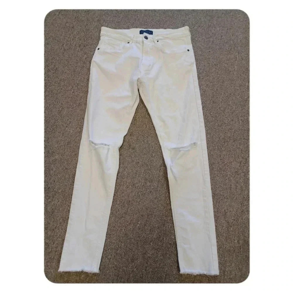 Zara Man ZMDC Skinny Raw Hem Distressed White Stretch Jeans Size 30
